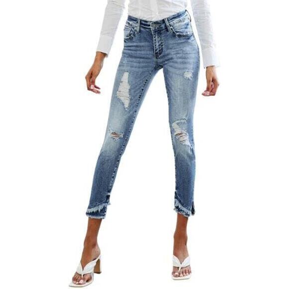 KanCan Distressed Mid Rise Ankle Skinny Jeans Stretch Denim Frayed Hem Size 15 - Picture 3 of 13
